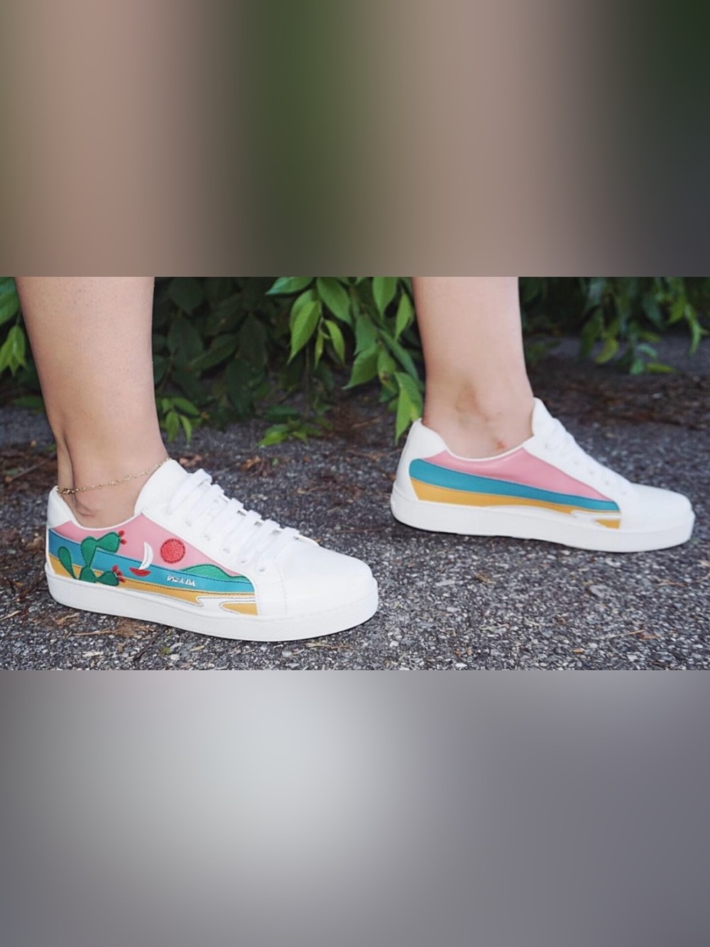 Prada White Sneakers with Pink, Teal and Yellow Sunset cactus Graphic